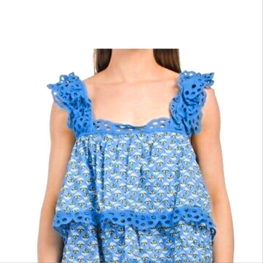 Ama Aya Cotton Eyelet Tiered Sleeveless Tank Top In Blue Size L